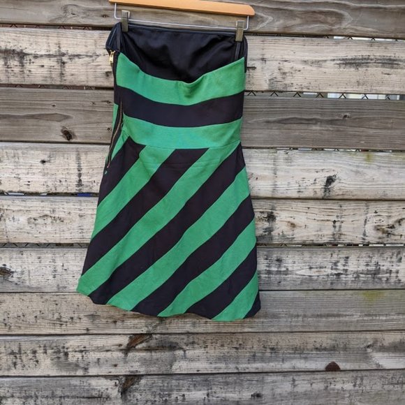 BCBGMaxAzria Green and Navy Striped Strapless 10 - Picture 6 of 8